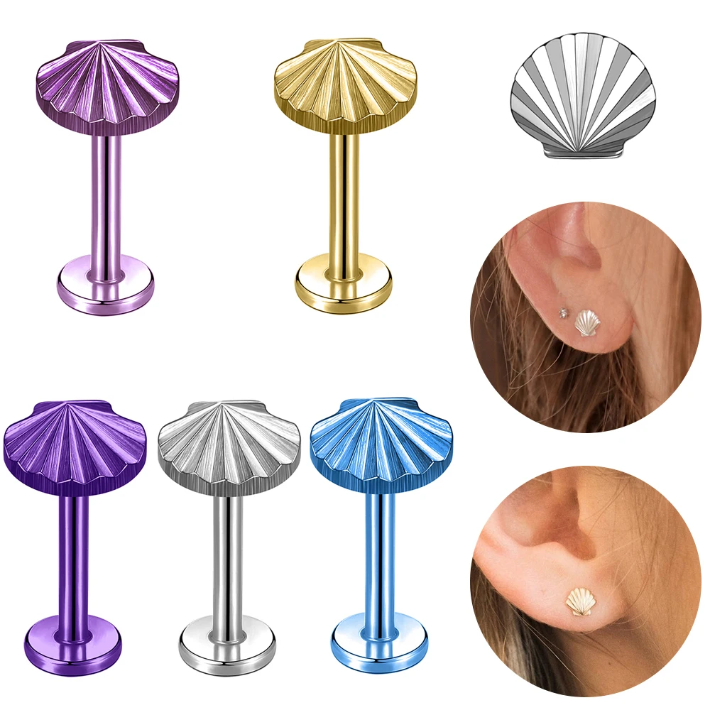 Aoeej-pendientes de tuerca de concha de titanio G23, joyería de Piercing de oreja de concha azul y concha diminuta, Color dorado, 16G