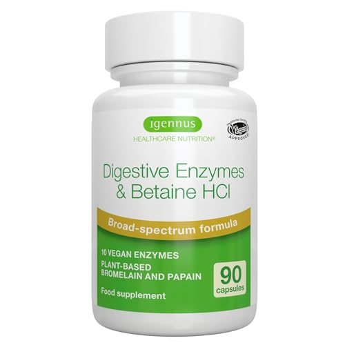 Enzimas Digestivas con Betaína HCl y Bromelina, 10 Enzimas Veganas que Incluyen Papaína y Lipasa, Clorhidrato de Betaína, Suplemento de Etiqueta Limpia, 90 Cápsulas, de Igennus