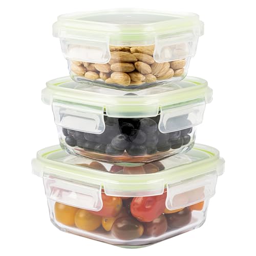Home Fleek Recipientes de Cristal para Alimentos Hermeticos con Tapa - Tapers para Comida Hermetico, Ahorro De Espacio Recipientes para Alimentos para Microondas, Horno Y Congelador (Pack 3, Verde)