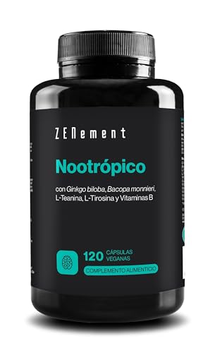 Nootrópico Natural, 120 cápsulas - Fórmula para incrementar la memoria, concentración y agilidad mental - con Ginkgo Biloba, Bacopa Monnieri, Tirosina, Teanina y Vitaminas - Zenement