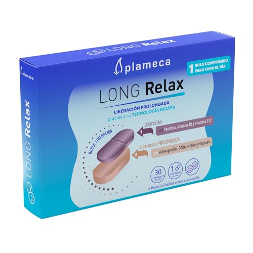 Plameca Long Relax - Fórmula Natural con Ashwagandha, Melisa, Pasiflora, Gaba, Magnesio, Vitamina B6 y B12 - Relax y Tranquilidad - 1 Solo Comprimido para Todo el Día - 30 Comprimidos